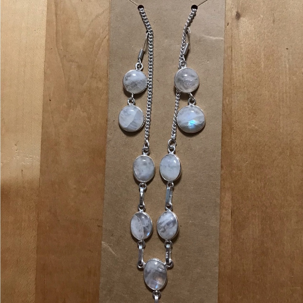 Elegant Rainbow Moonstone Necklace & Earrings Set - 925 Plated/Stamped
